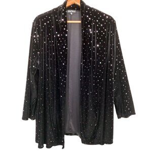 Slinky Brand Shirt Plus Size 1X Open Front Black Velour Mirrored Sequins Party